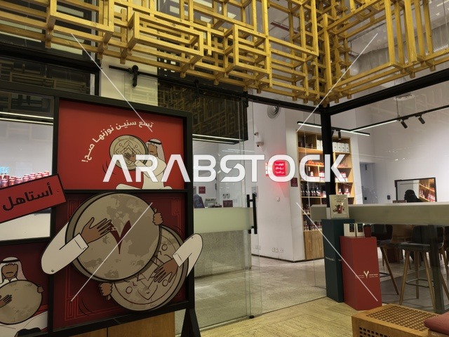 تصميم داخلي لمقهى حديث مع سقف هندسي أصفر