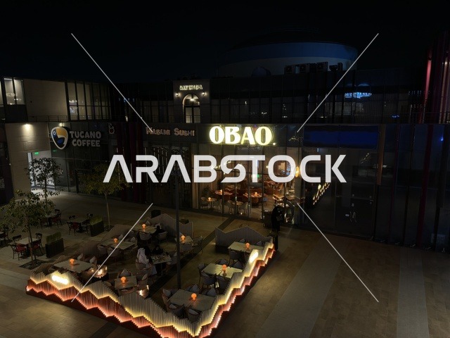 The outdoor dining and shopping area in the Sharafat Park complex in Khobar, Saudi Arabia.