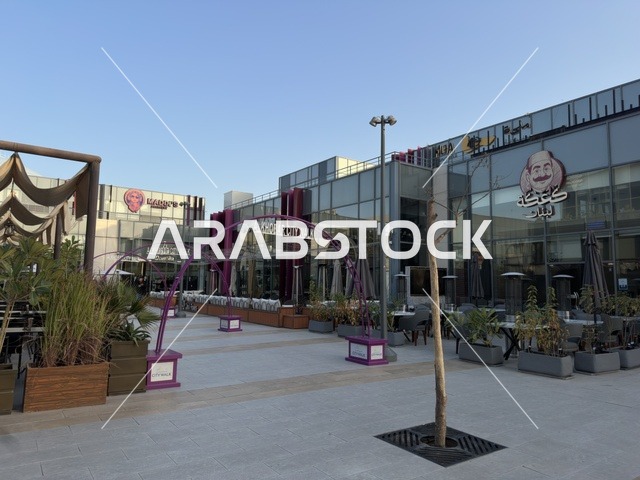 The outdoor dining and shopping area in the Sharafat Park complex in Khobar, Saudi Arabia.