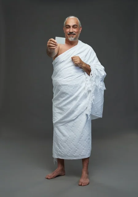 Saudi Man in Ihram Holding Blank Card Studio Saudi Man in Ihram Holding Blank Card Studio