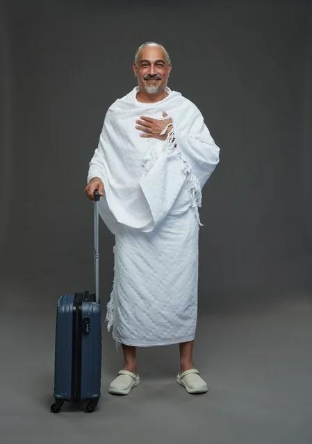 Saudi Man in Ihram Clothing for Hajj and Umrah Travel