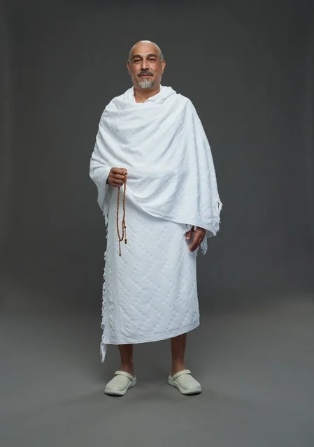 Saudi man in Ihram holding prayer beads during pilgrimage