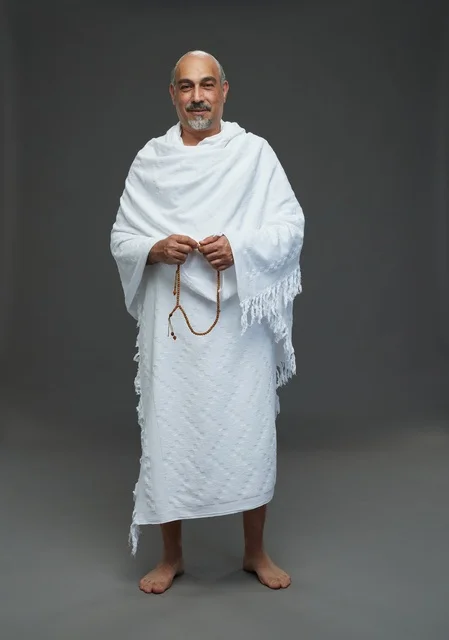 Saudi Man in Ihram Holding Prayer Beads on Grey Background