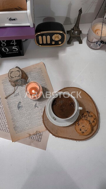 فنجان قهوه سوداء مع قطع الكوكيز اللذيذه, طاوله مكتبيه , ديكورات وزينه, جلسه هادئه