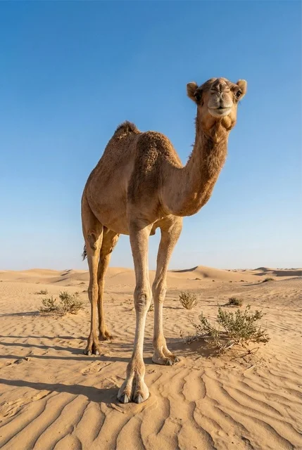 Arabian Camel Standing on Desert Sand Dunes