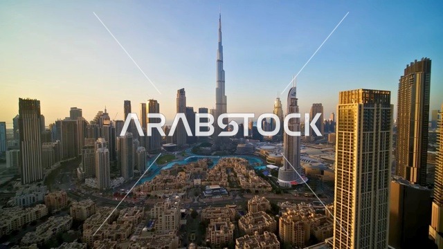Burj Khalifa and Downtown Dubai Skyline at Sunset