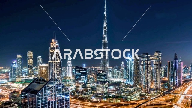 أفق دبي ليلاً مع برج خليفة وناطحات السحاب