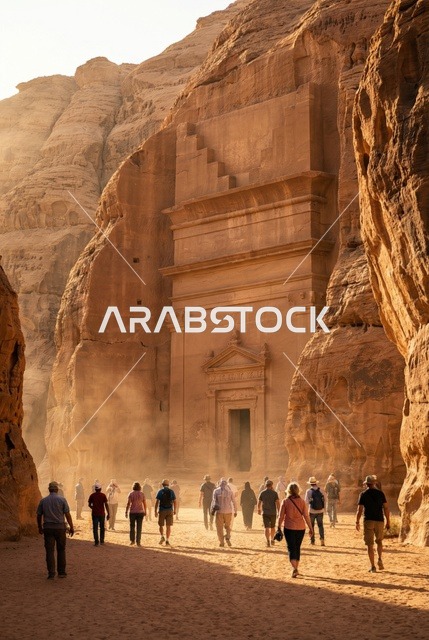 Tourists at Madain Saleh Al-Ula Tombs during Sunset