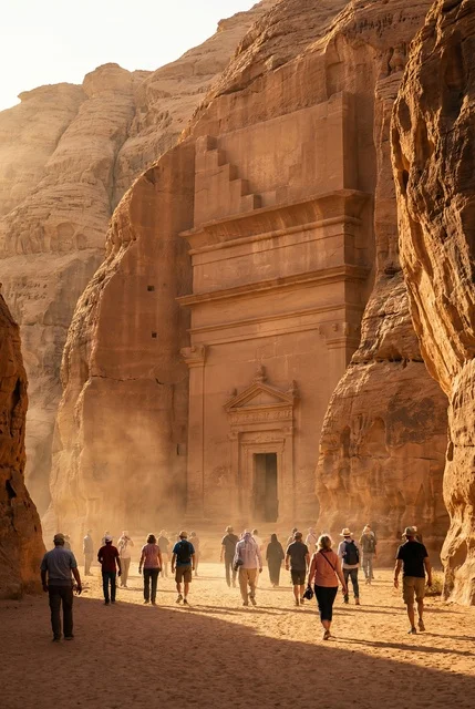 Tourists at Madain Saleh Al-Ula Tombs during Sunset