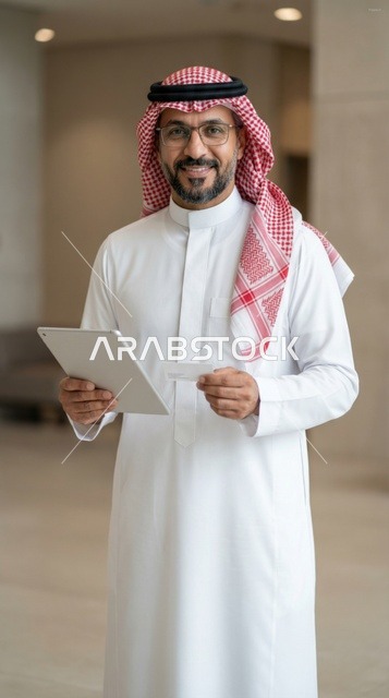 رجل أعمال سعودي يستخدم جهازا لوحيا لمعاملة إلكترونية