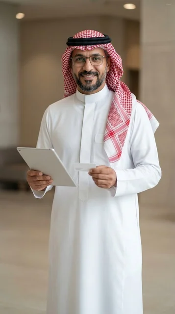 رجل أعمال سعودي يستخدم جهازا لوحيا لمعاملة إلكترونية رجل أعمال سعودي يستخدم جهازا لوحيا لمعاملة إلكترونية