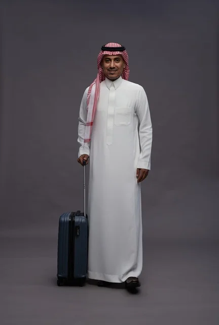 Saudi Man in Traditional Thobe with Travel Suitcase