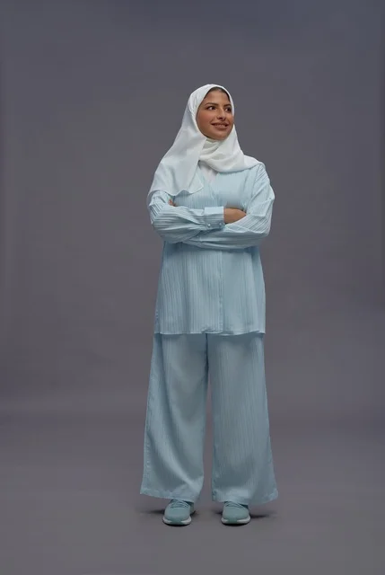 Saudi Woman in Modest Casual Outfit Studio Portrait