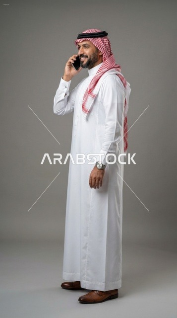 Saudi Man in Traditional Thobe Making a Phone Call