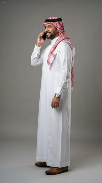 Saudi Man in Traditional Thobe Making a Phone Call
