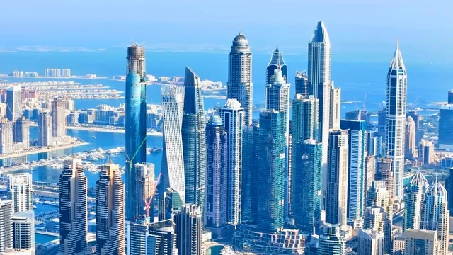 Dubai Marina Skyline and Skyscrapers Aerial Drone View