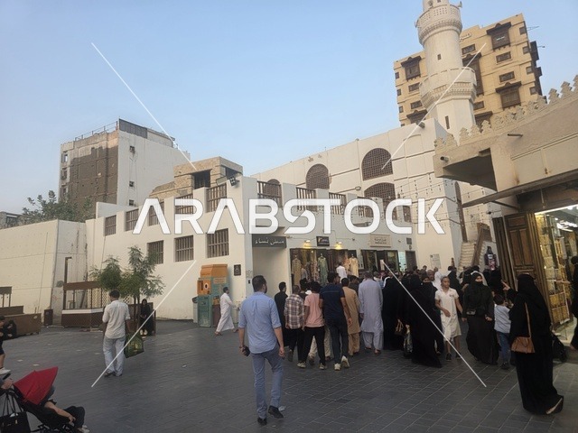 Historic Al-Balad Jeddah District with People and Minaret