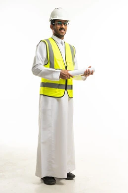 Saudi Engineer in Safety Gear Holding Blueprints