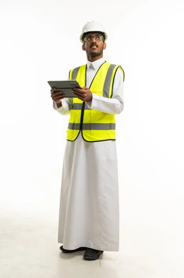 Saudi Male Engineer Holding Tablet on White Background