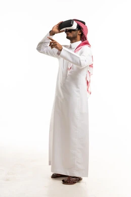 Saudi Man Using Virtual Reality Headset on White Background