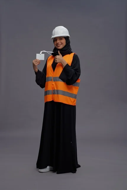 مهندسة سعودية بملابس السلامة تحمل بطاقة تعريفية