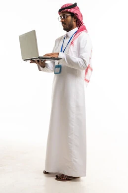 Saudi Businessman Using Laptop on White Background