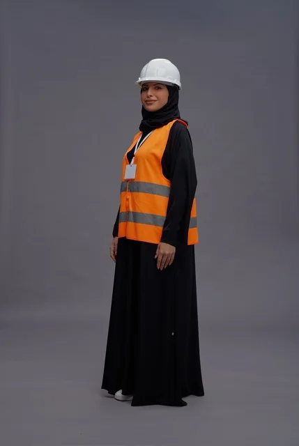 مهندسة سعودية ترتدي سترة السلامة والخوذة البيضاء