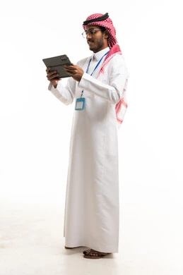 Saudi Businessman Using Digital Tablet on White Background