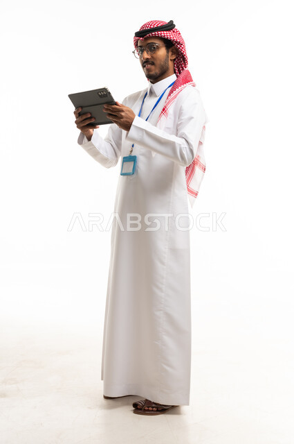 Saudi Businessman Using Digital Tablet on White Background