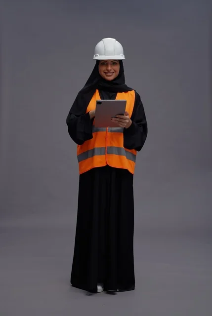 Saudi Female Engineer with Tablet in Safety Gear