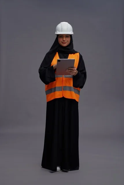 مهندسة سعودية تمسك بجهاز لوحي وترتدي خوذة