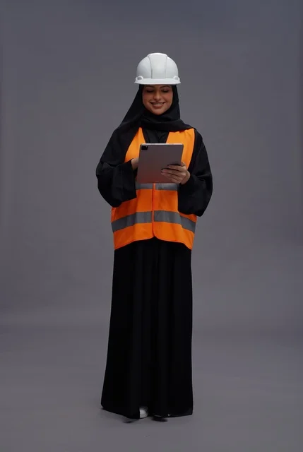 مهندسة سعودية تحمل جهاز لوحي وترتدي ملابس السلامة