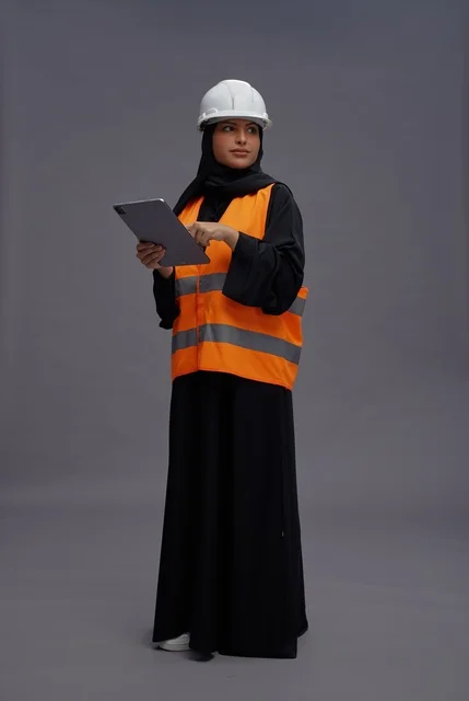 مهندسة سعودية بجهاز لوحي بملابس السلامة