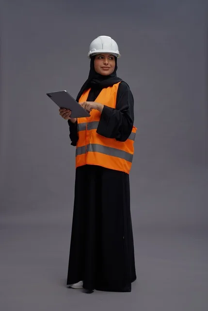 مهندسة سعودية ترتدي معدات السلامة وتمسك جهازاً لوحياً