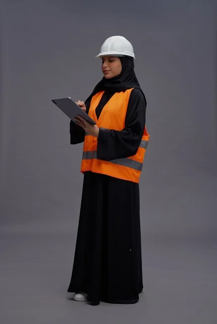 مهندسة سعودية بملابس السلامة تستخدم جهاز لوحي
