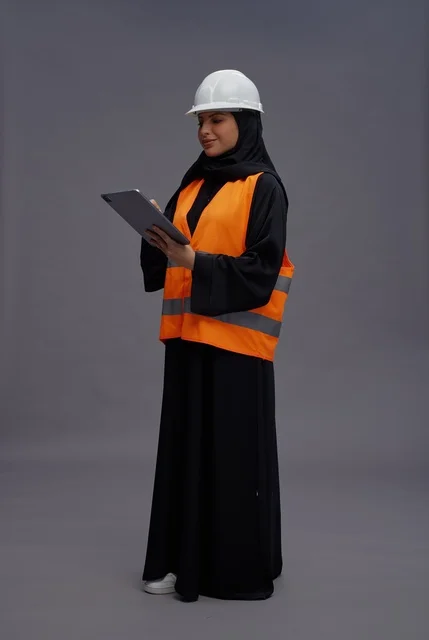 مهندسة سعودية بملابس السلامة تحمل جهاز لوحي