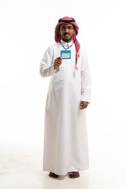 Saudi Man in Traditional Thobe Holding ID Badge