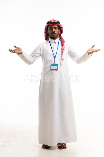 Saudi Man in Thobe with ID Badge on White Background