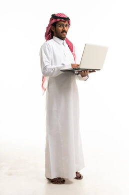 Saudi Man in Traditional Thobe Holding Laptop