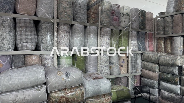 أرفف مفارش وبطانيات في معرض المنتجات بجدة