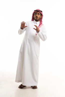 Shocked Saudi Man in Traditional Thobe White Background