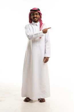 Saudi Man in Traditional Thobe Pointing Side Side