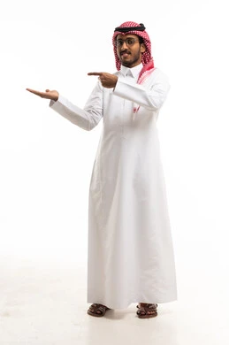 Saudi Man in Traditional Thobe Presenting Hand Gesture