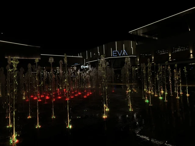 Illuminated Water Fountain at Villagio Eastern Province Night