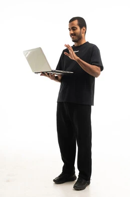 Arab Man Waving at Laptop on White Background