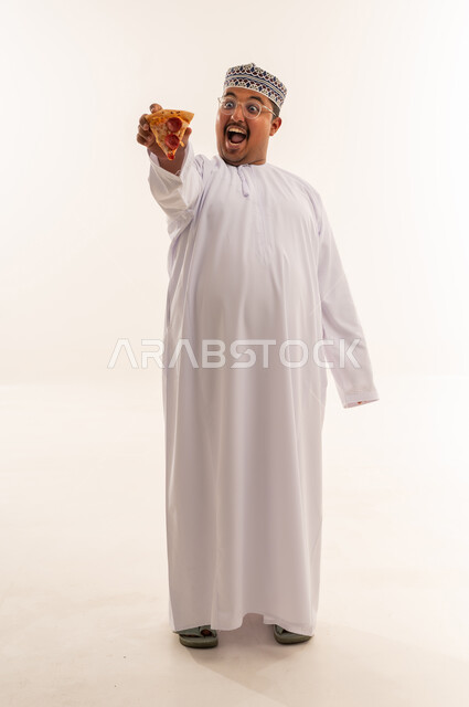 Omani Man Holding Pizza Slice on White Background