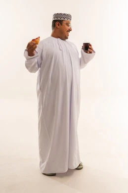 Omani Man with Pizza and Soda on White Background