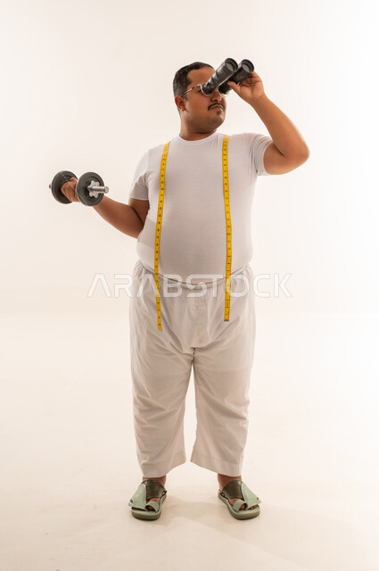 Overweight Arab Man with Dumbbell and Binoculars