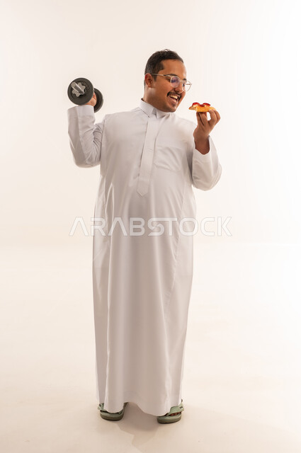 Overweight Arab Man Holding Dumbbell and Pizza Slice