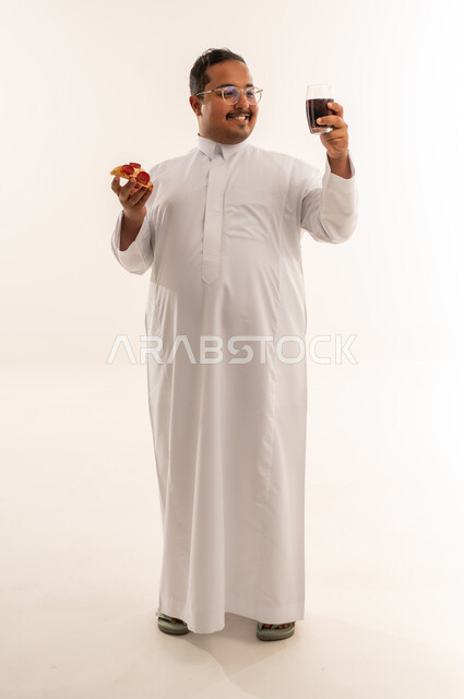 Overweight Saudi Man with Pizza and Soda on White Background